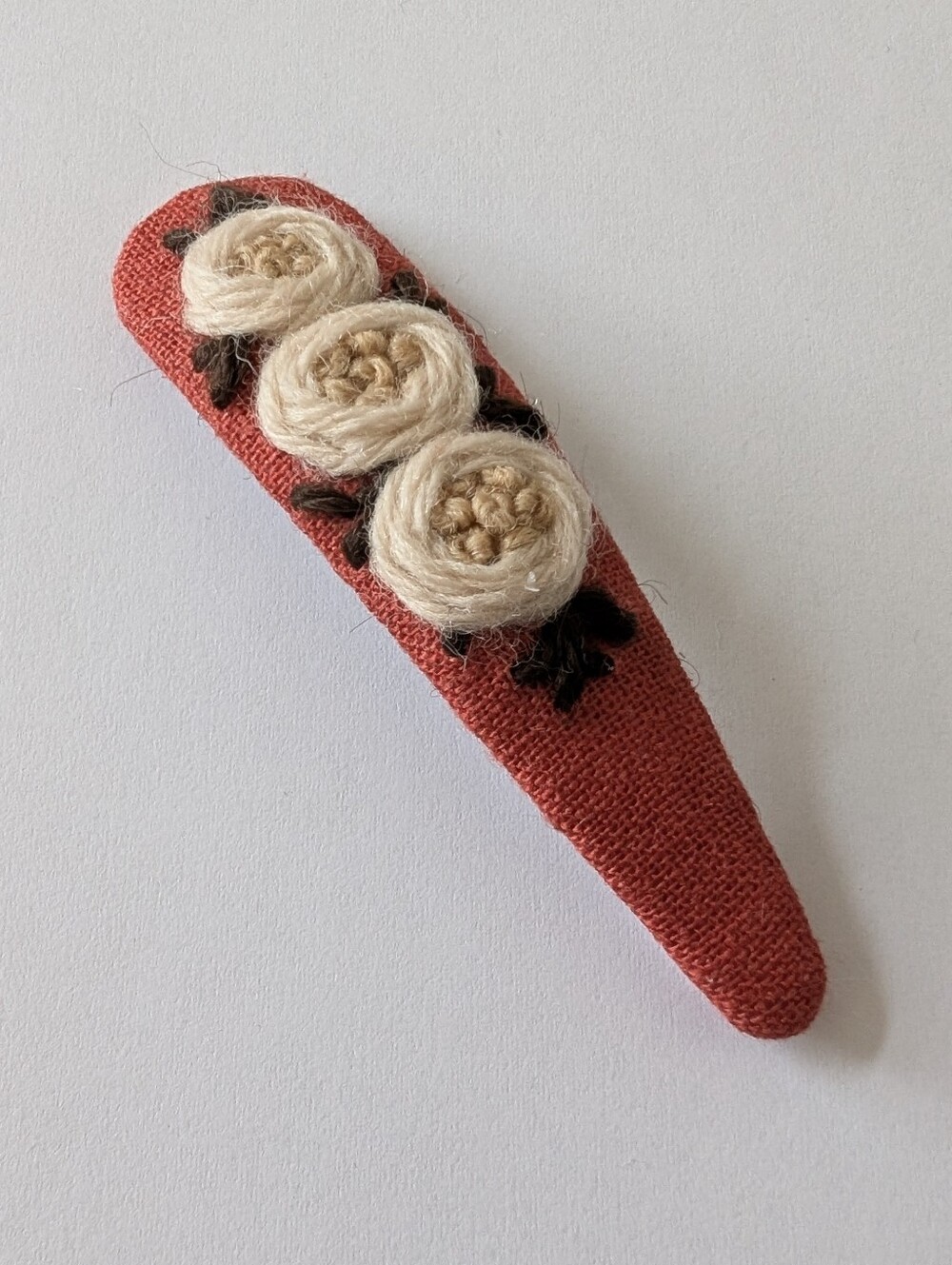Cream Wool Roses On Burnt Orange Hand Embroidered Handmade Large Hair Clip